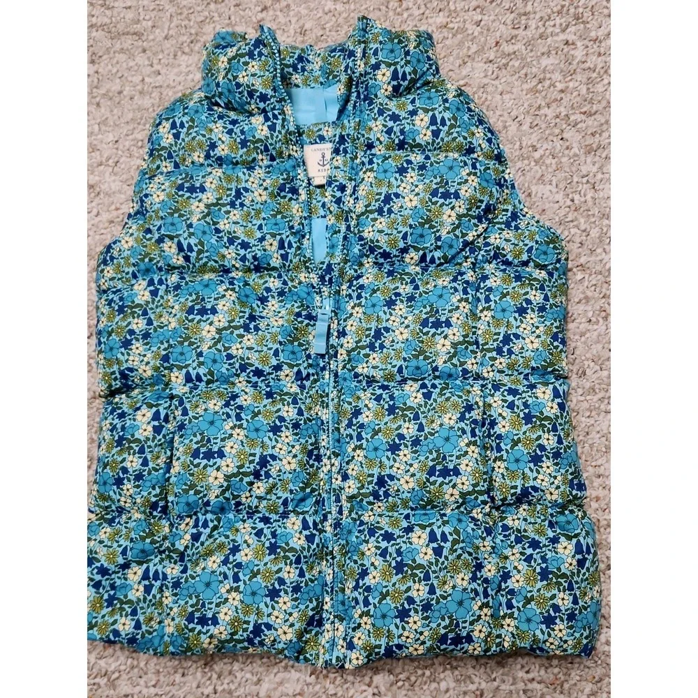 Lands' End Kids Girl's Down Quilted Puffer Vest Small 7-8 Blue Floral Zip Pocket